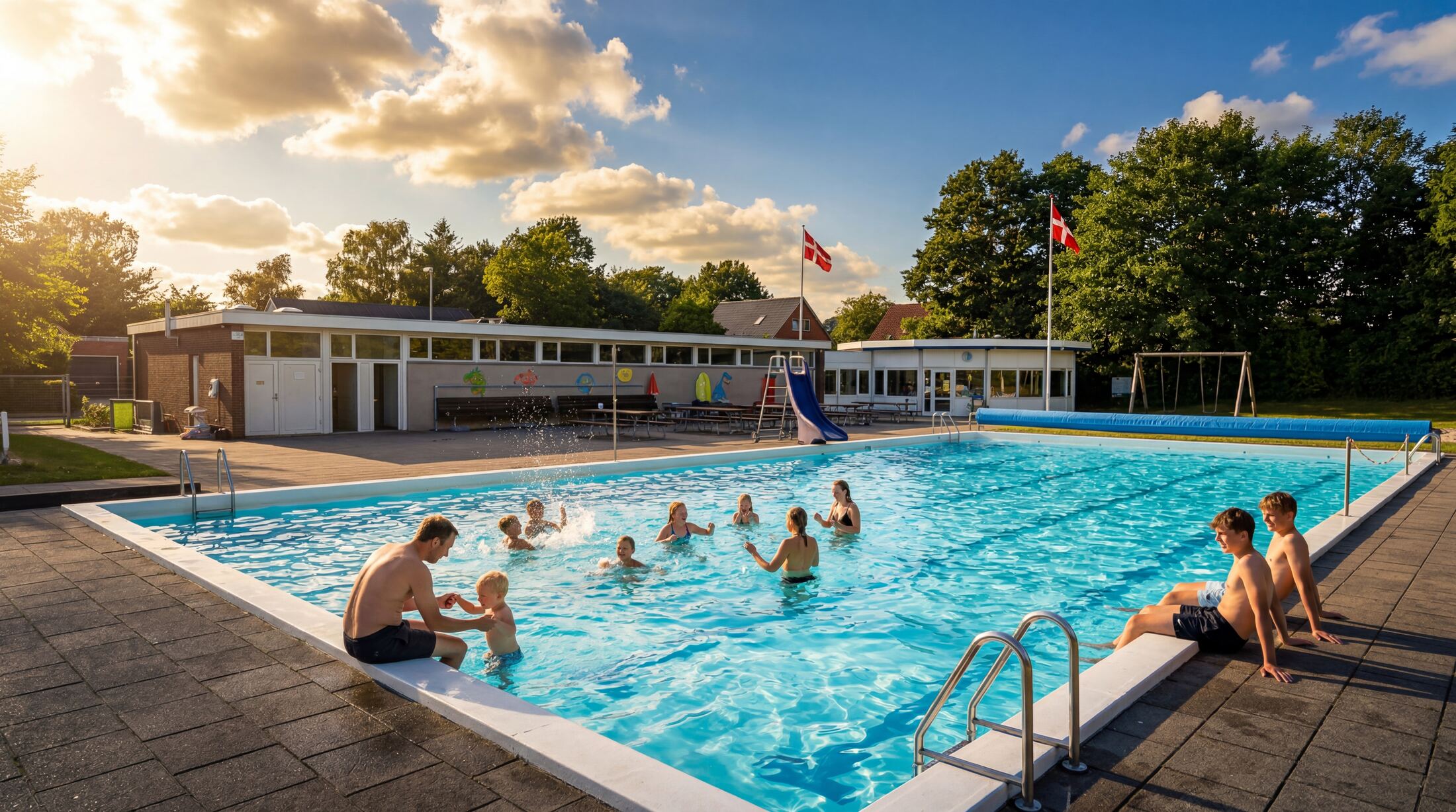 Poolområde med faciliteter og stemning ved bassinkanten